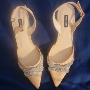 Nine West Beige and Silver Slingback Heels